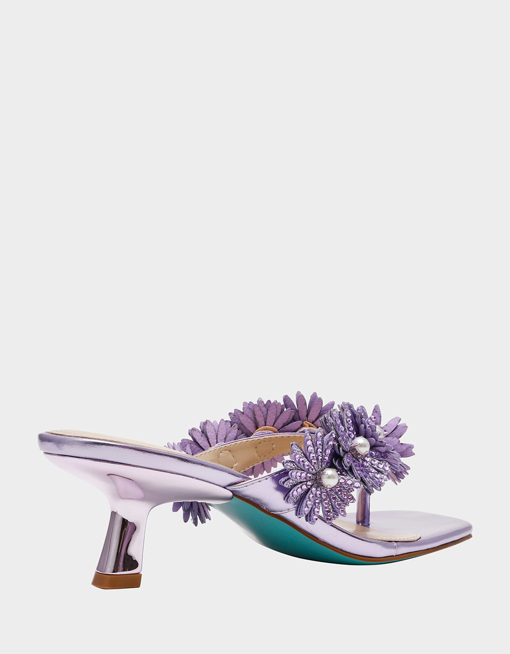 LESLI Purple Women's Square-Toe Mule Kitten Heel Rhinestone Embellished Flower Heel | Betsey Johnson Classic