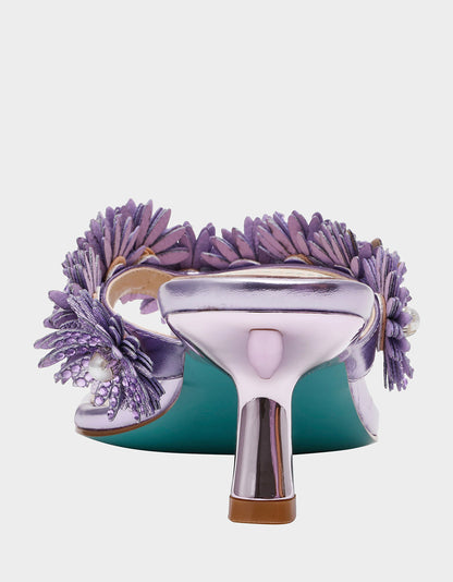 LESLI Purple Women's Square-Toe Mule Kitten Heel Rhinestone Embellished Flower Heel | Betsey Johnson Classic