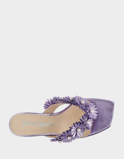 LESLI Purple Women's Square-Toe Mule Kitten Heel Rhinestone Embellished Flower Heel | Betsey Johnson Classic