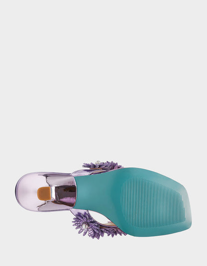 LESLI Purple Women's Square-Toe Mule Kitten Heel Rhinestone Embellished Flower Heel | Betsey Johnson Classic