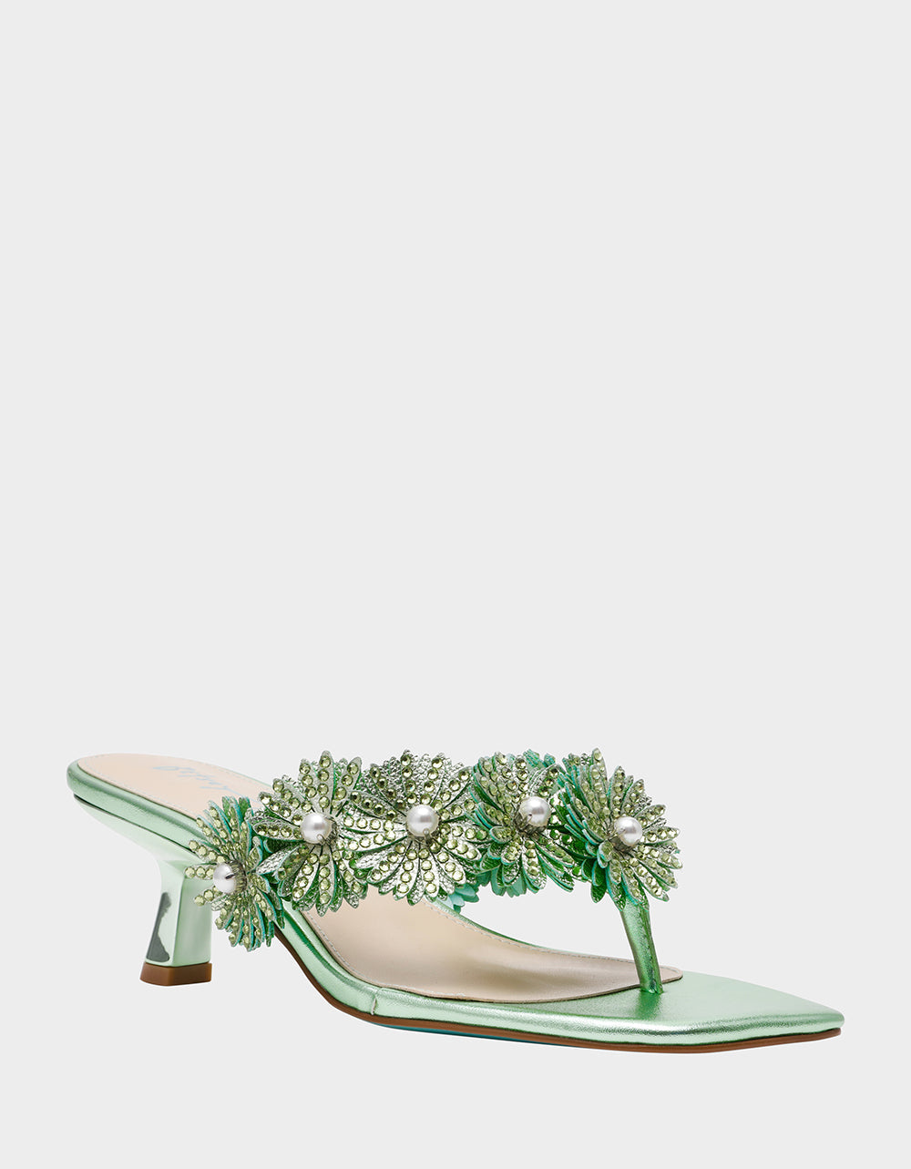 LESLI Mint Women's Square-Toe Mule Kitten Heel Rhinestone Embellished Flower Heel | Betsey Johnson Exclusive