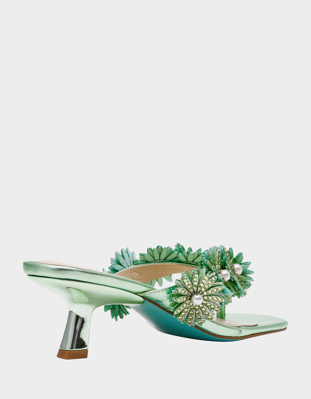 LESLI Mint Women's Square-Toe Mule Kitten Heel Rhinestone Embellished Flower Heel | Betsey Johnson Exclusive