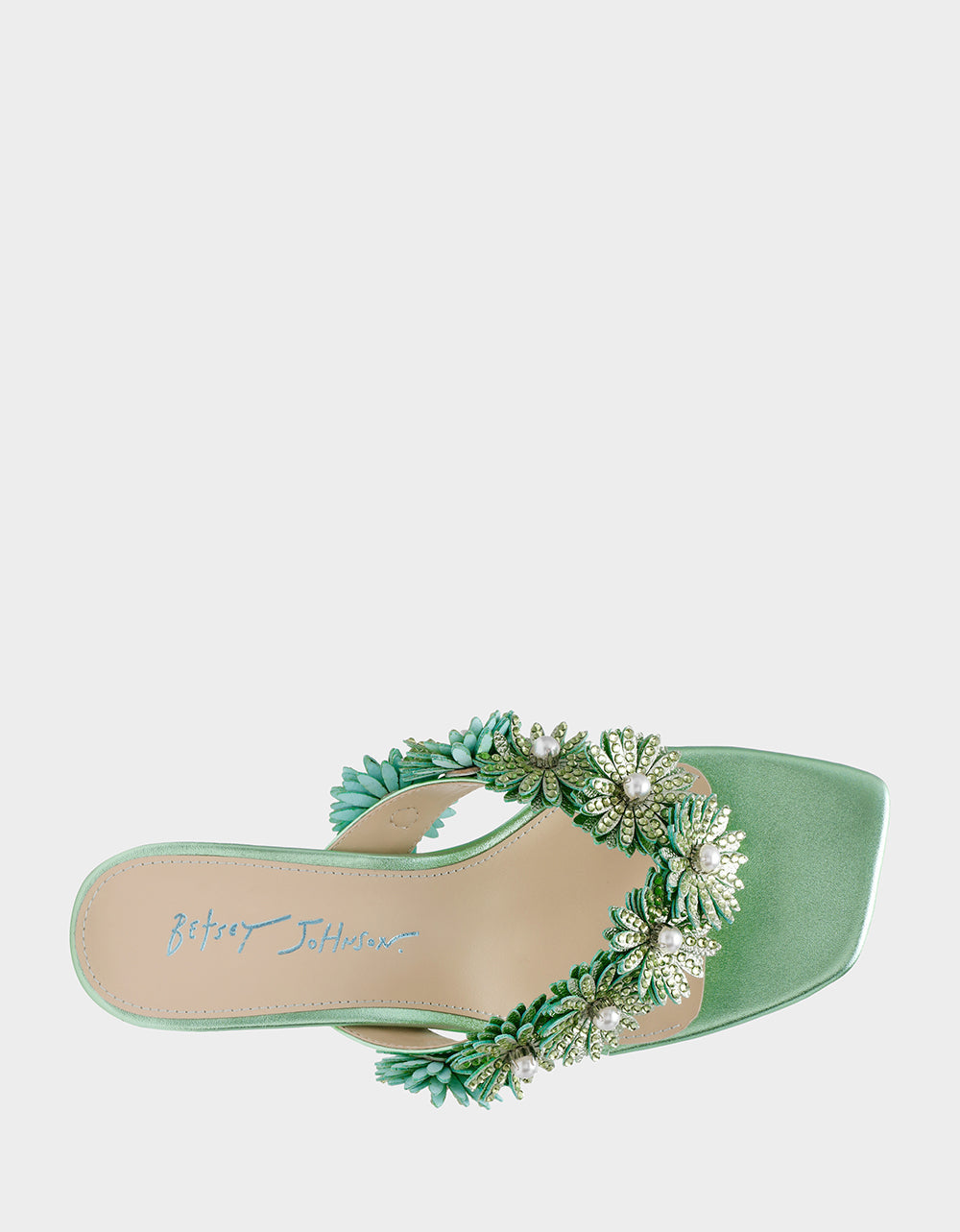 LESLI Mint Women's Square-Toe Mule Kitten Heel Rhinestone Embellished Flower Heel | Betsey Johnson Exclusive