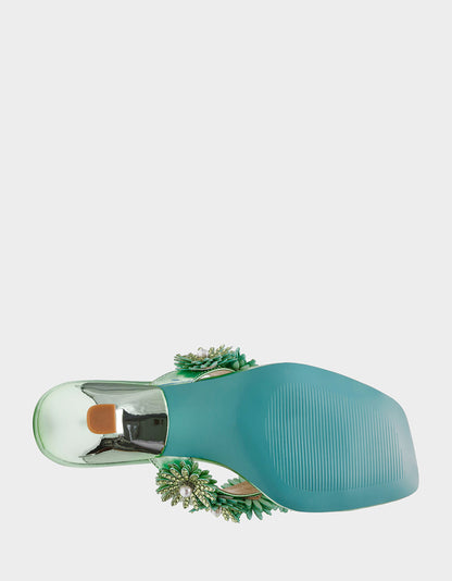 LESLI Mint Women's Square-Toe Mule Kitten Heel Rhinestone Embellished Flower Heel | Betsey Johnson Exclusive