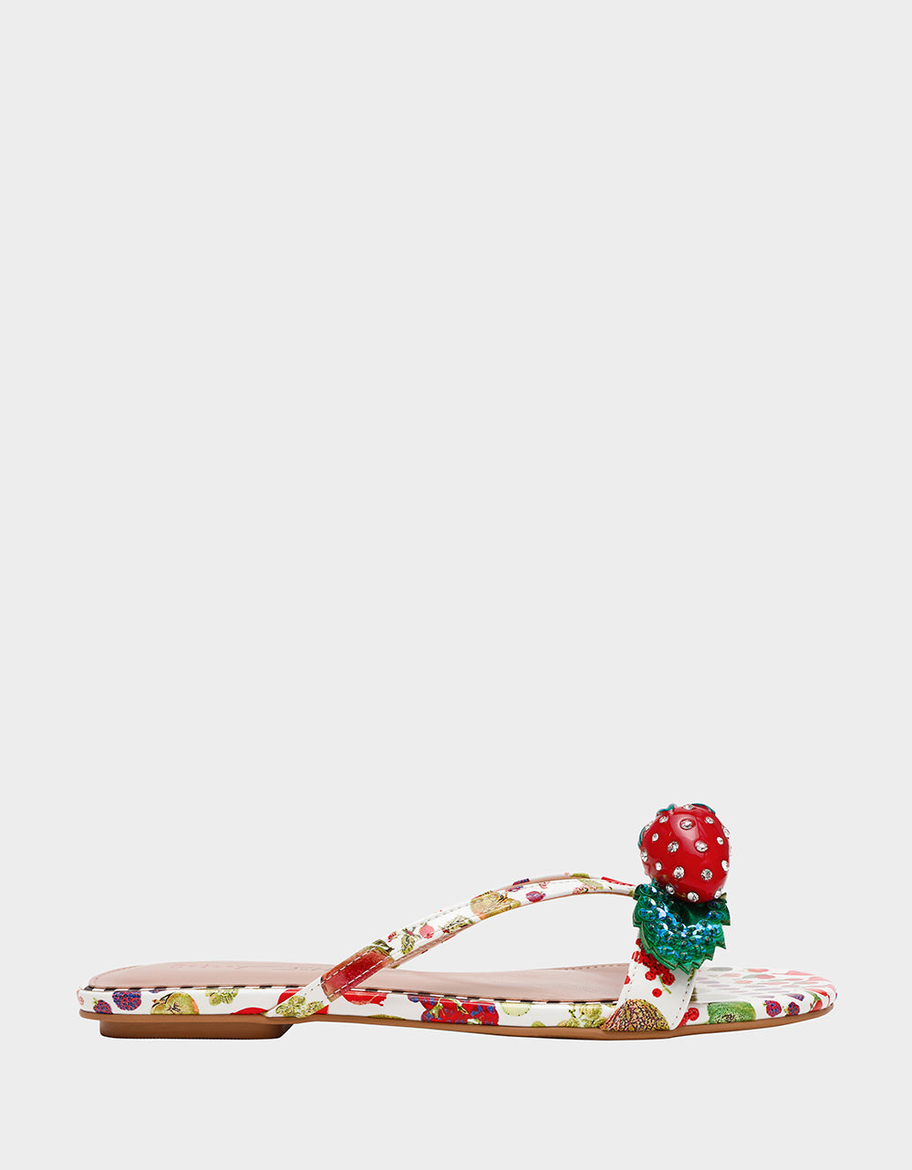 GARRIK WHITE MULTI Women's Thong Strappy Fruit Printed Sandal | Betsey Johnson Special Offer