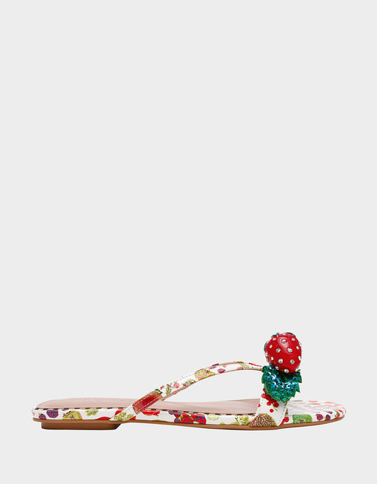 GARRIK WHITE MULTI Women's Thong Strappy Fruit Printed Sandal | Betsey Johnson Special Offer