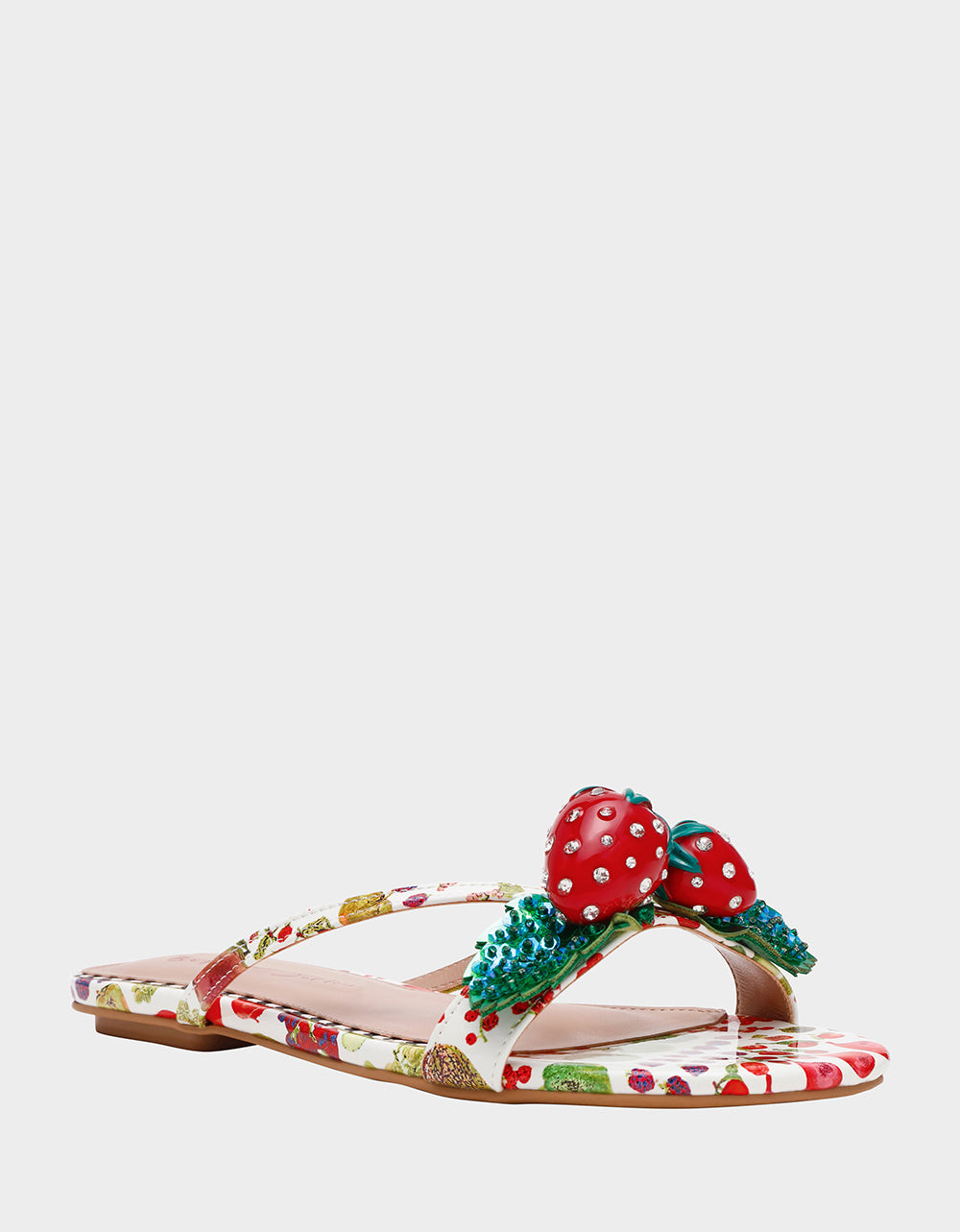 GARRIK WHITE MULTI Women's Thong Strappy Fruit Printed Sandal | Betsey Johnson Special Offer