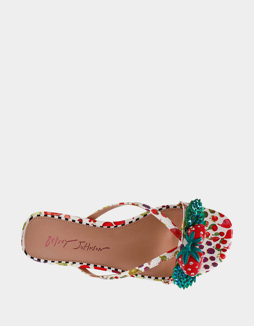GARRIK WHITE MULTI Women's Thong Strappy Fruit Printed Sandal | Betsey Johnson Special Offer