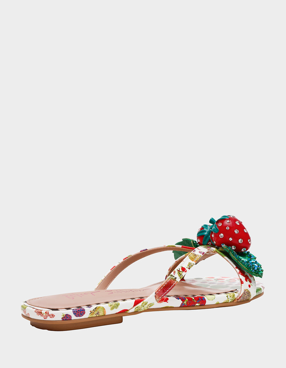 GARRIK WHITE MULTI Women's Thong Strappy Fruit Printed Sandal | Betsey Johnson Special Offer