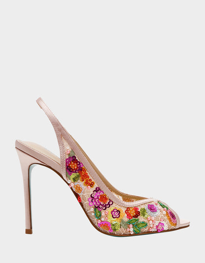 GERRI Nude Floral Embellished Peep-Toe Stiletto Women's Heel | Betsey Johnson Best Seller
