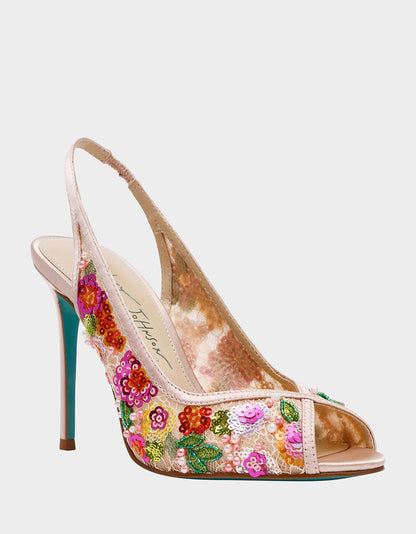 GERRI Nude Floral Embellished Peep-Toe Stiletto Women's Heel | Betsey Johnson Best Seller