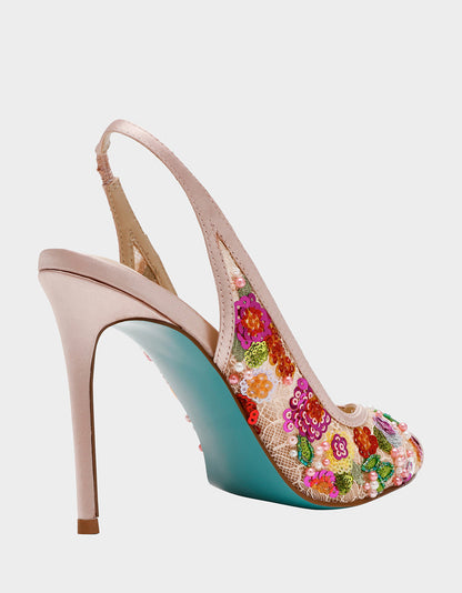 GERRI Nude Floral Embellished Peep-Toe Stiletto Women's Heel | Betsey Johnson Best Seller