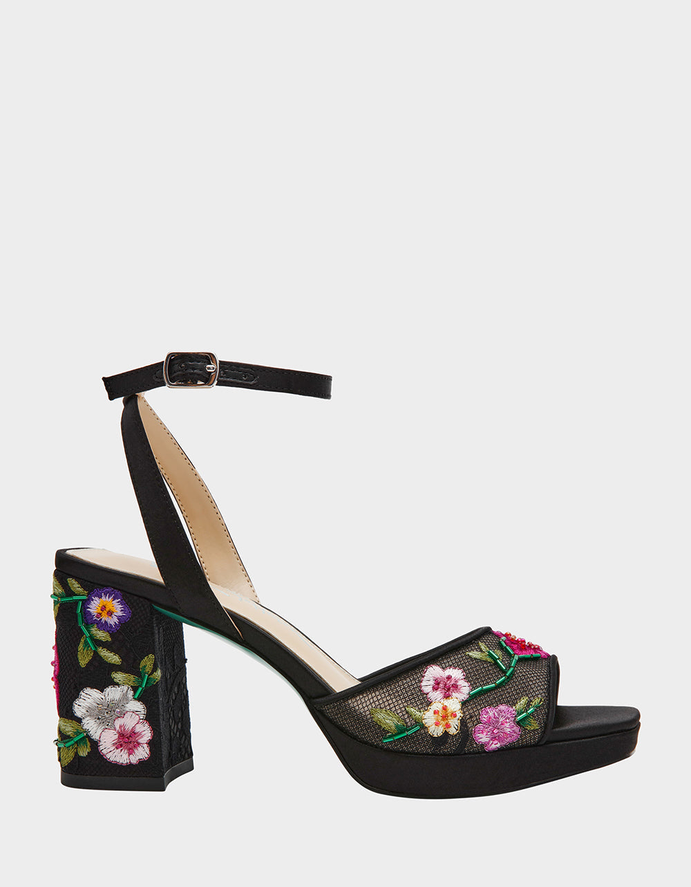 KENNI BLACK MULTI FLORAL Platform Block Heel Floral Print Mesh Women's Sandal | Betsey Johnson Featured
