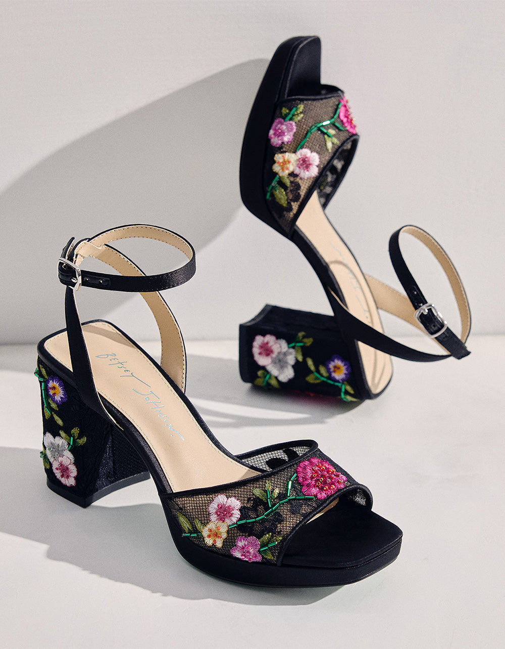 KENNI BLACK MULTI FLORAL Platform Block Heel Floral Print Mesh Women's Sandal | Betsey Johnson Featured