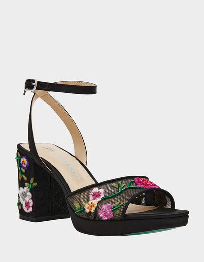 KENNI BLACK MULTI FLORAL Platform Block Heel Floral Print Mesh Women's Sandal | Betsey Johnson Featured