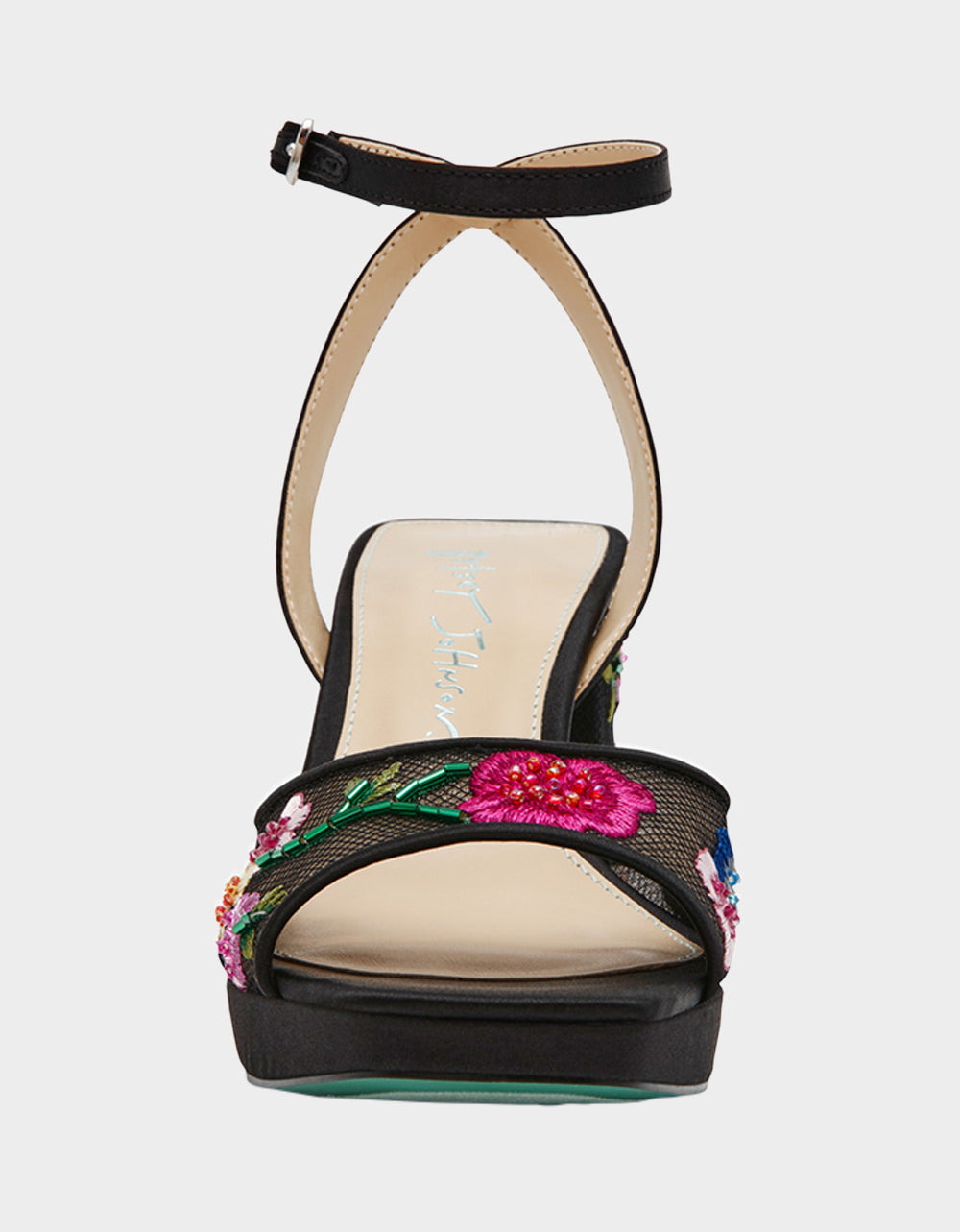 KENNI BLACK MULTI FLORAL Platform Block Heel Floral Print Mesh Women's Sandal | Betsey Johnson Featured