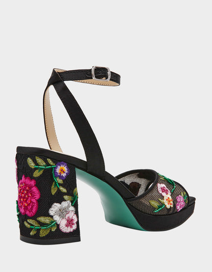 KENNI BLACK MULTI FLORAL Platform Block Heel Floral Print Mesh Women's Sandal | Betsey Johnson Featured