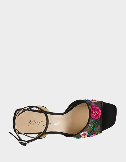 KENNI BLACK MULTI FLORAL Platform Block Heel Floral Print Mesh Women's Sandal | Betsey Johnson Featured